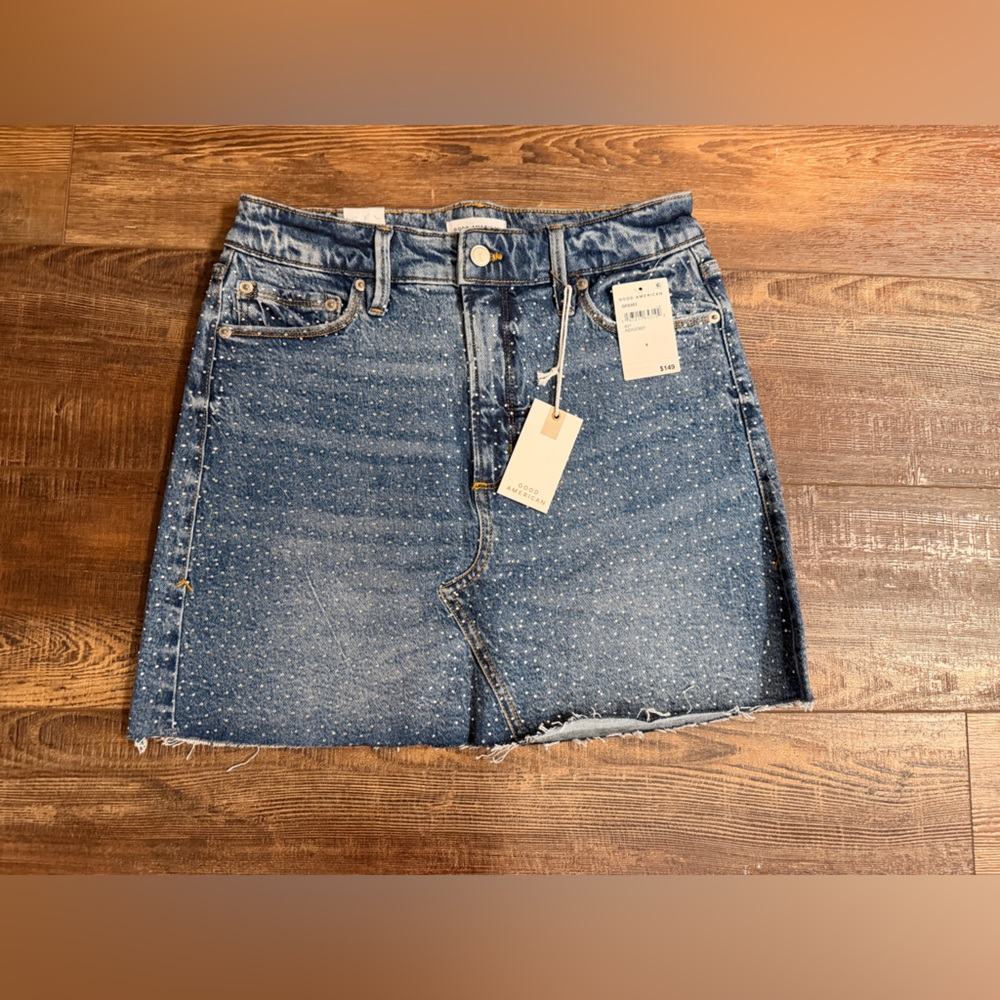 Good American Speckled Blue Denim Skirt